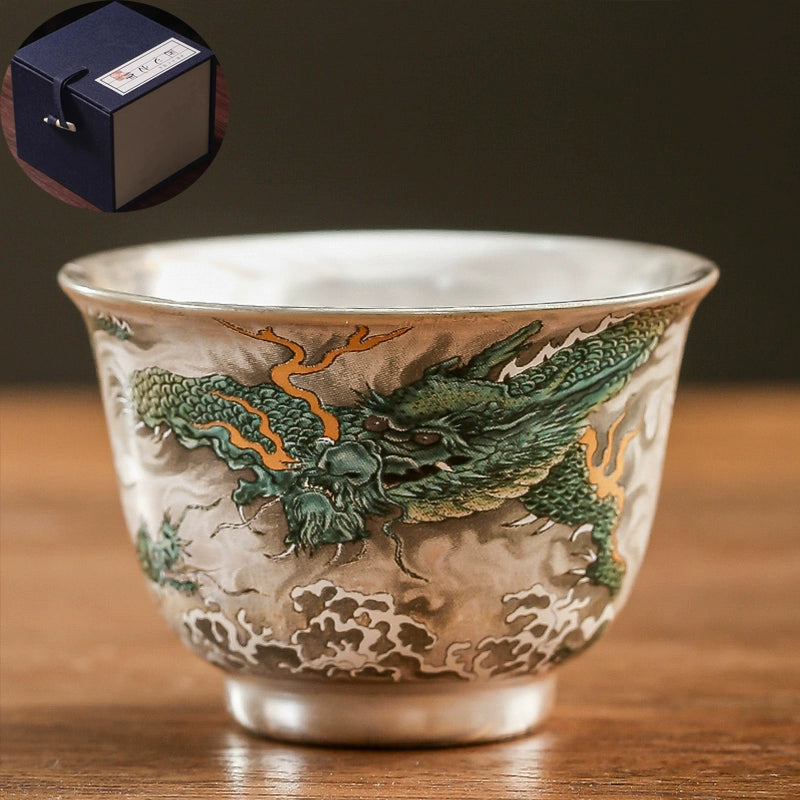 Silver cup 999 sterling silver master teacup high-grade porcelain silver painting health tea tasting cup self-use gift tea set