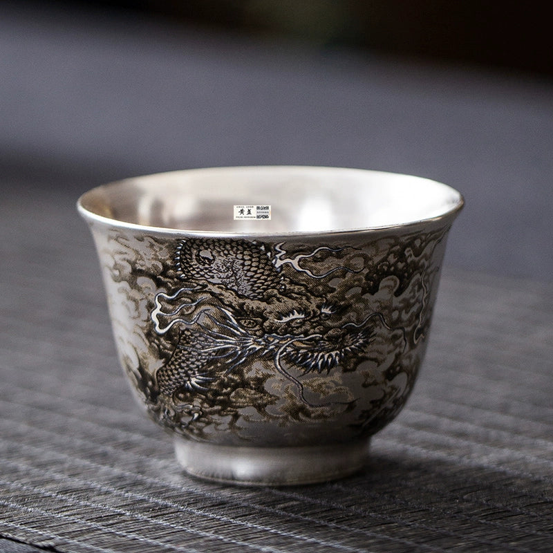 Silver cup 999 sterling silver master teacup high-grade porcelain silver painting health tea tasting cup self-use gift tea set